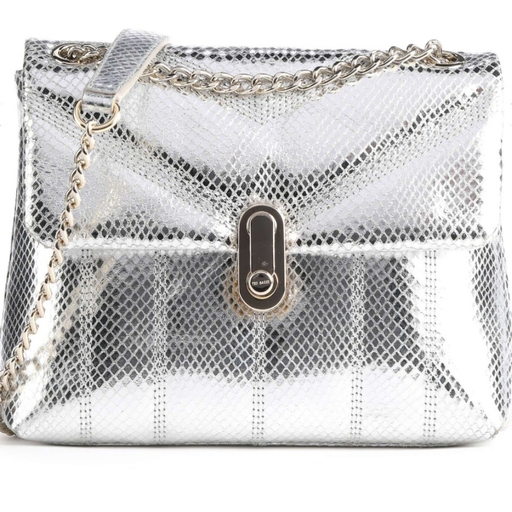 TED BAKER Ayalali Crossbody snake detail leather puffer silver